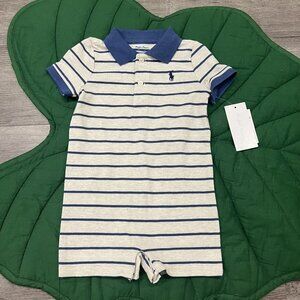 Ralph Lauren Romper 9M Cream Blue Striped Polo Shirt Romper